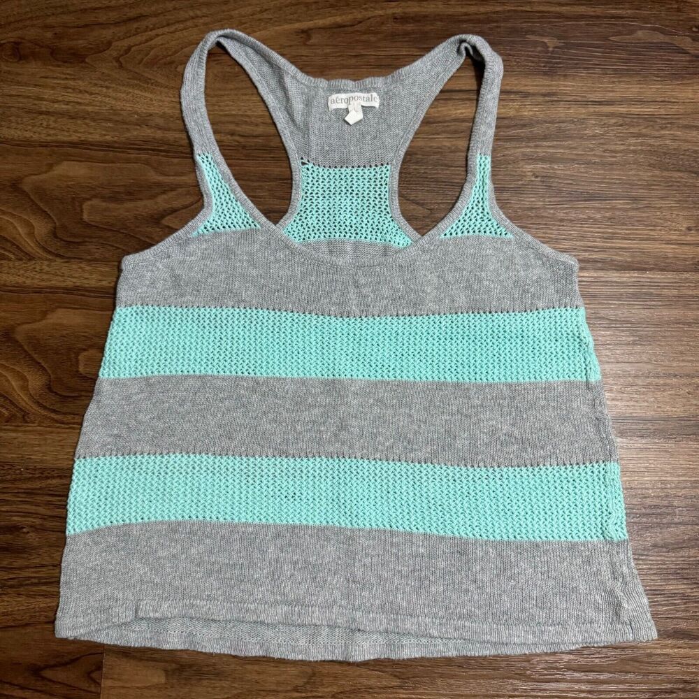 Aeropostale Tank Top Scoop Neck Womens Size Large Striped Boxy Blue/Gray